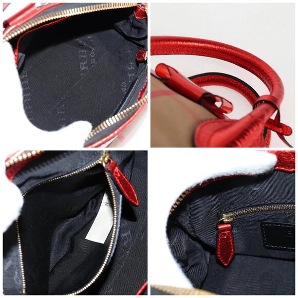 BURBERRY Nova Check Hand Bag Canvas Leather 2way Red Gold Auth - Picture 15 of 16